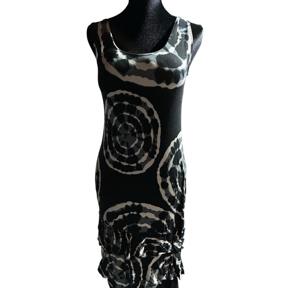 DUNIA Tie Dye Lagenlook Dress M Black White Artsy Ruffle Hem Boho